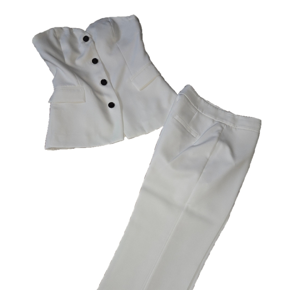 Commense White Strapless Tailored Trouser Set with Black Buttons
